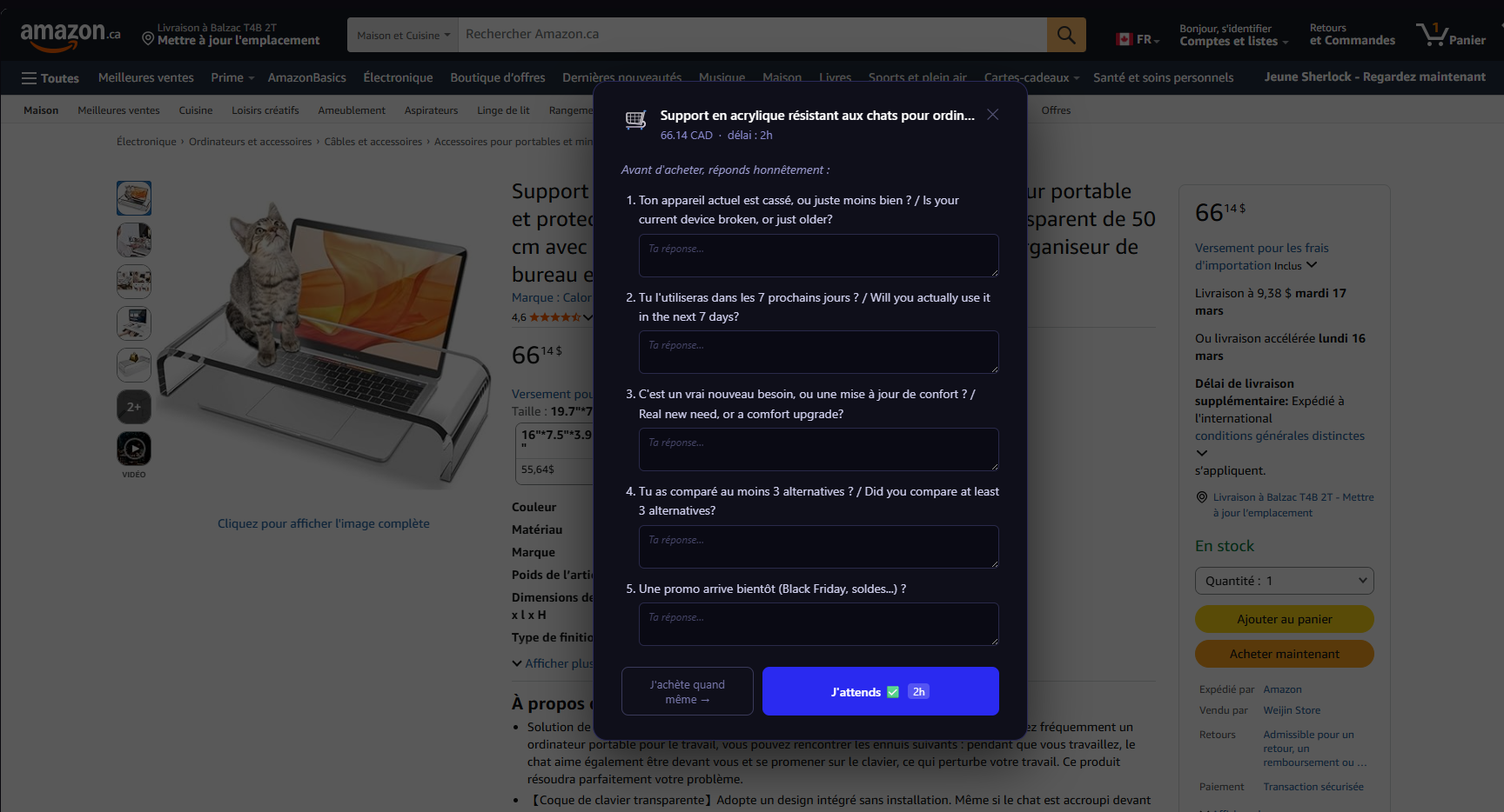 Overlay on Amazon before adding to cart